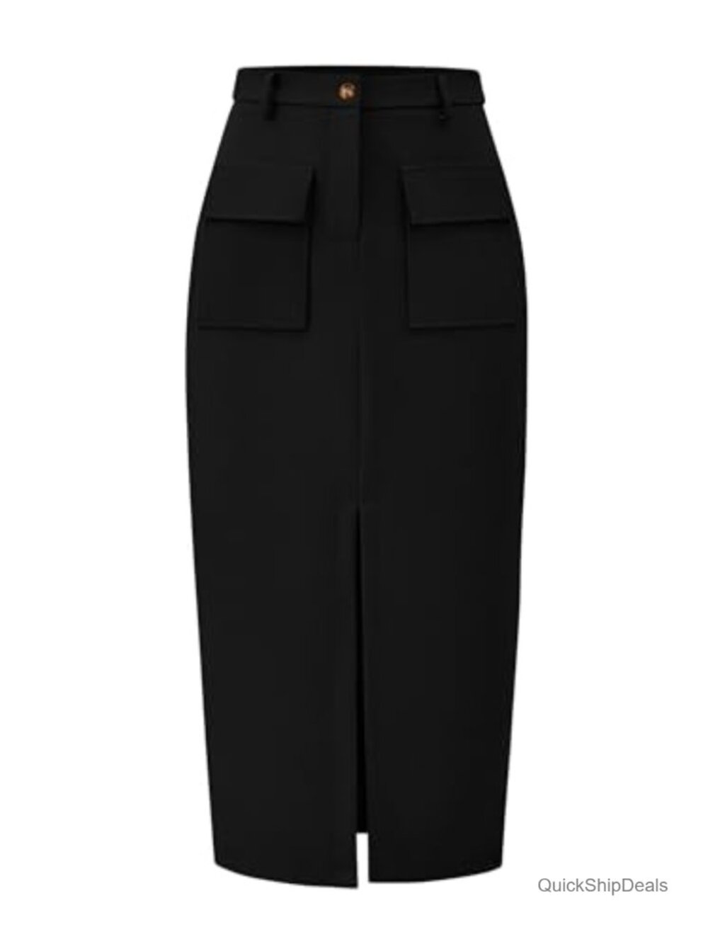 High Waist Cargo Pencil Midi Skirt with Pockets, Front Slit, Office Wear